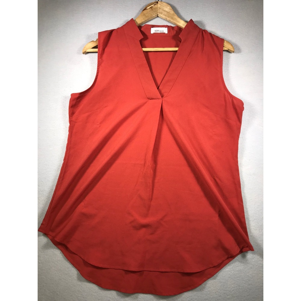 Van Heusen Womens Sleeveless Split V-Neck Blouse Rust Orange Pleated Shell Top